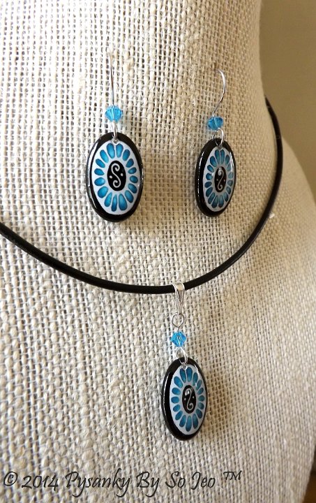 Turquoise Blue Oval Earrings and Matching Necklace Pysanky Jewelry by So Jeo